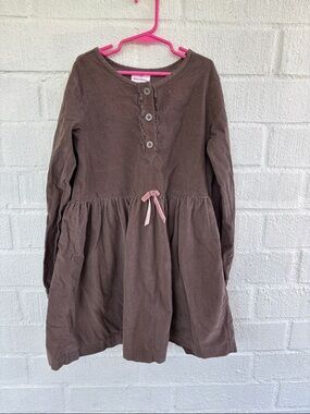 Hanna Andersson Corduroy Brown Long-Sleeve Cotton Dress with Pink Bow sz 9/10